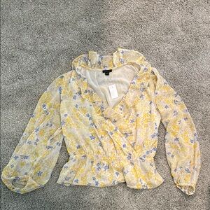 Ann Taylor Yellow and White Peplum Wrap Blouse